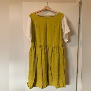 Smock linen dress in MIDI length - Greenish Mustard
